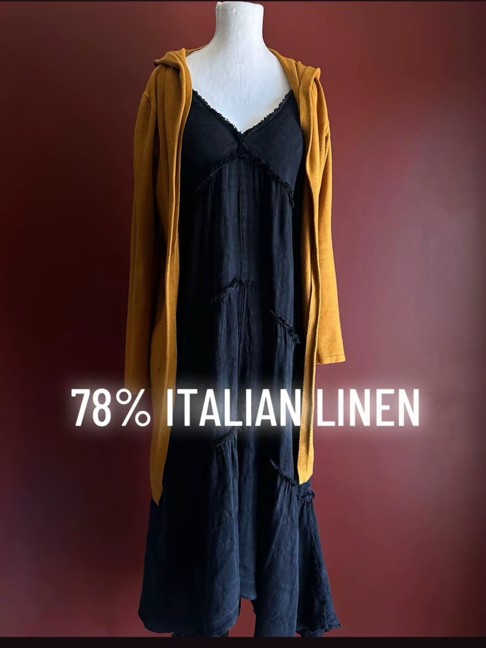 Martina Innocenti Black Linen Blend Maxi Dress Raw Edge Boho Italy (M)